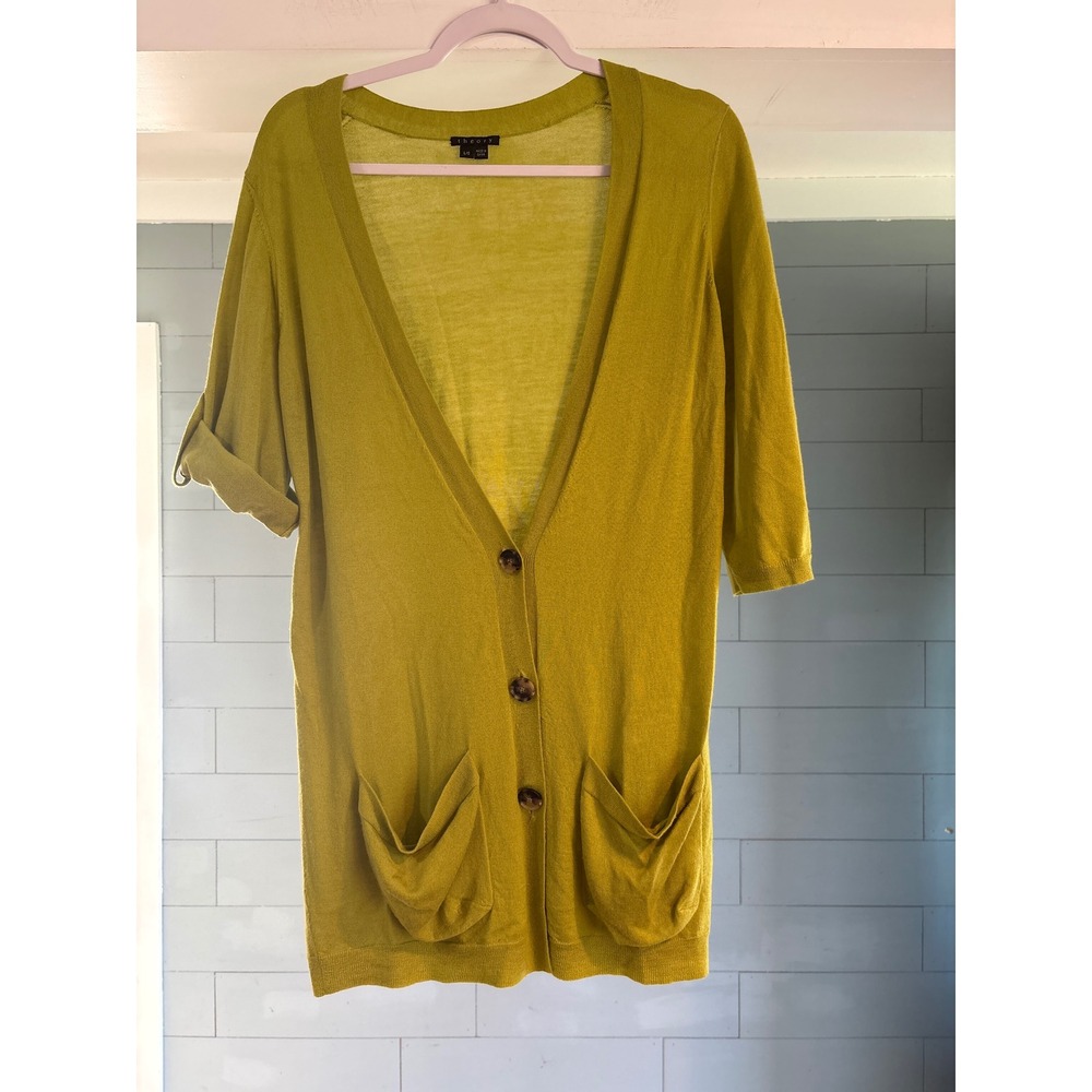 Theory Ange New Cashmere Cardigan Chartreuse Green V-Neck Button Front Pockets L